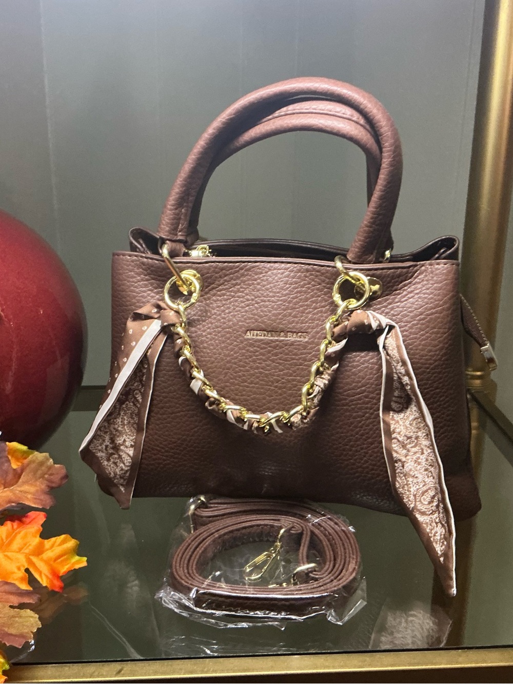 Brown Leather Tote with Gold Chain Detail